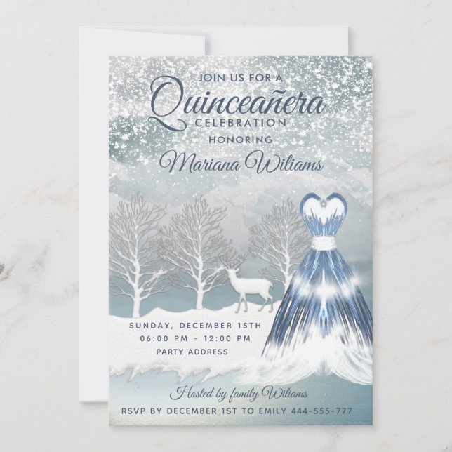 Convite Vestido azul de cena de inverno Quinceañera (Frente)