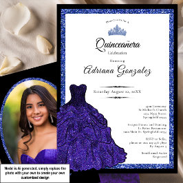 Convite Vestido Azul e Tiara Foto Personalizada Quinceaner