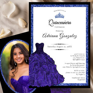 Convite Vestido Azul e Tiara Foto Personalizada Quinceaner