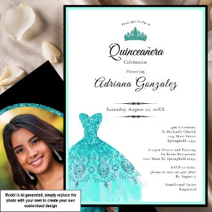 Convite Vestido azul elegante 15º aniversário Quinceanera