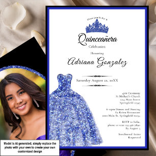 Convite Vestido azul elegante 15º aniversário Quinceanera