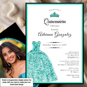 Convite Vestido azul elegante 15º aniversário Quinceanera