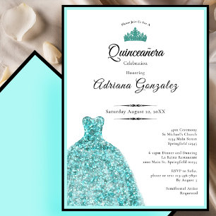 Convite Vestido azul elegante 15º aniversário Quinceanera