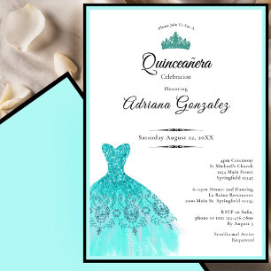 Convite Vestido azul elegante 15º aniversário Quinceanera