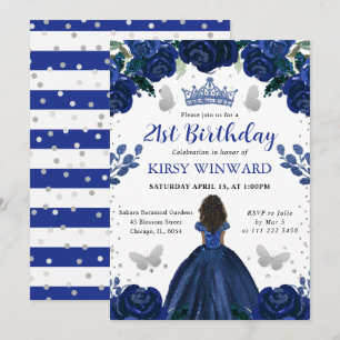 Convite Vestido Azul Escuro Princesa de Pele Morena Aniver