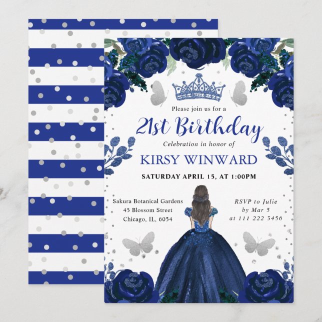 Convite Vestido Azul Escuro Princesa Morena Aniversário (Frente/Verso)
