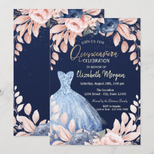Convite Vestido Azul Floral Quinceañera