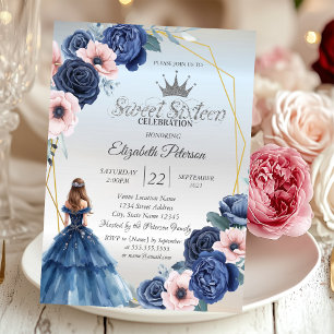 Convite Vestido Azul,Flores Azuis Quadro Doce 16