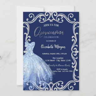 Convite Vestido Azul Glitter Frame Blue Quinceañera