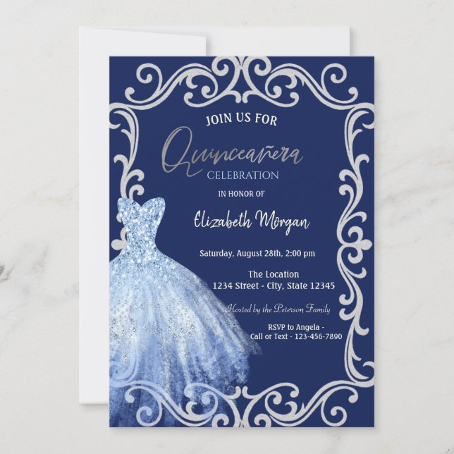 Convite Vestido Azul Glitter Frame Blue Quinceañera  (Frente)
