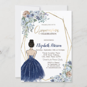 Convite Vestido Azul Marinho com Lantejoulas, Quinceanera