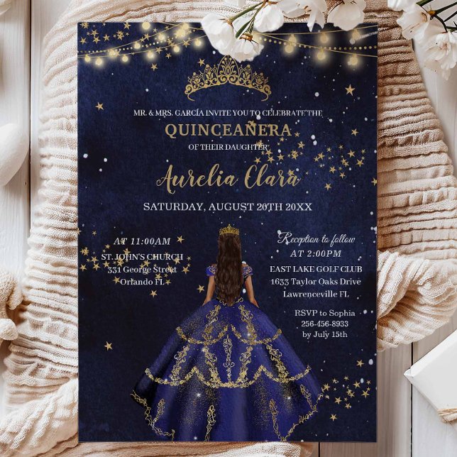 Convite Vestido Azul Marinho Noite Estrelada Chic Dourado  (Criador carregado)