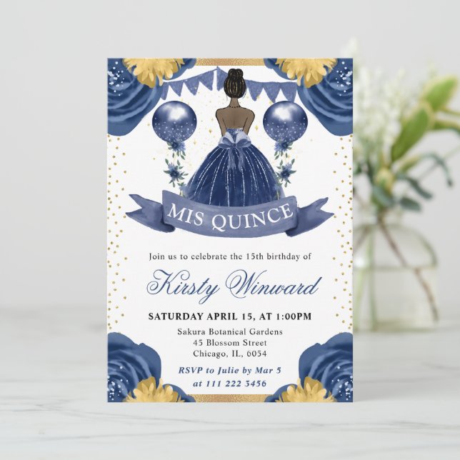 Convite Vestido Azul Marinho Princesa de Pele Morena Quinc (Em pé/Frente)