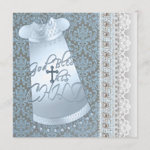 Convite Vestido Azul Marrom Damask Azul Bebê Menino Batiza