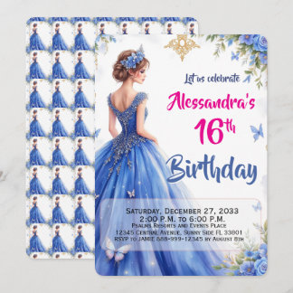 Convite Vestido Azul Moderno 16º Floral Elegante Aniversár