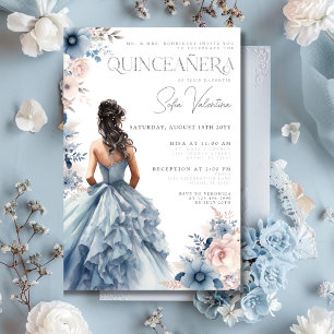 Convite Vestido Azul Poeirento Quinceañera Floral Rosa Mor