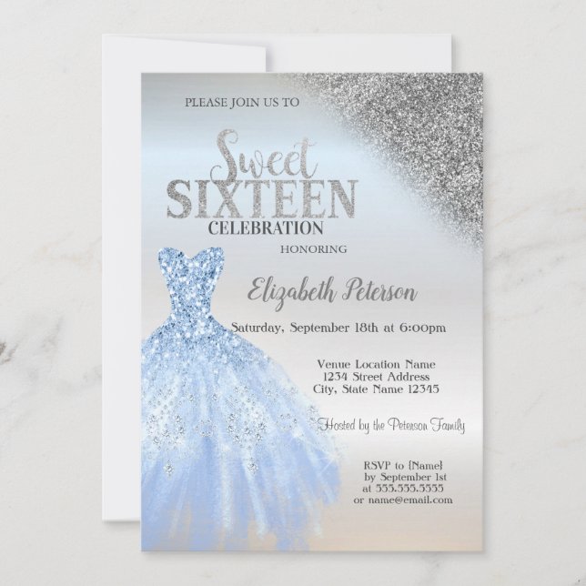 Convite Vestido Azul Prata Sweet 16 com Bokeh de Brilho Pr (Frente)