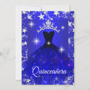 Convite Vestido Azul Real Brilho Tiara Estrelas Quinceaner