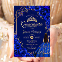 Vestido Azul Real Dourado de Quinceanera Floral