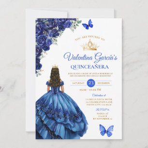 Convite Vestido Azul Real Quinceañera 15 Anos Flores Doura