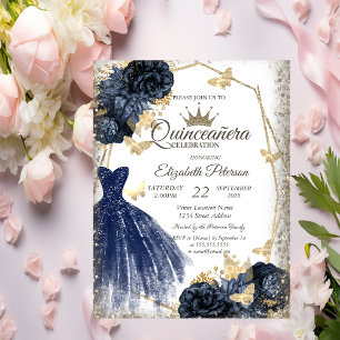 Convite Vestido Azul, Rosas, Borboletas Douradas Quinceañe