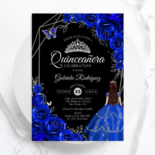 Convite Vestido Azul Royal Prata Quinceanera Floral
