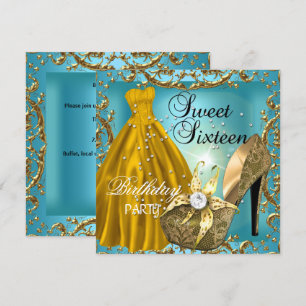 Convite Vestido Azul Turquesa Dourado para Festa de Aniver