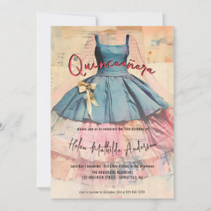 Convite Vestido Azul Vintage Aquarela Quinceanera