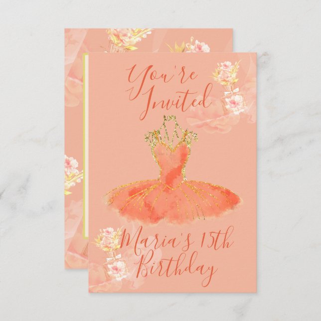 Convite Vestido Bailarina Bola Dourada Rosa Pêssego Perfum (Frente/Verso)