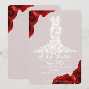 Convite Vestido Bege Rosas Vermelhas Folhas Brancas Chá de