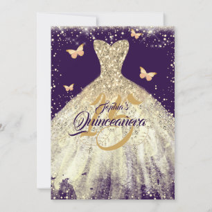 Convite Vestido Borboleta Brilho Dourado Roxo Quinceanera