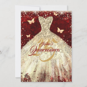 Convite Vestido Borboleta Brilho Dourado Vermelho Quincean