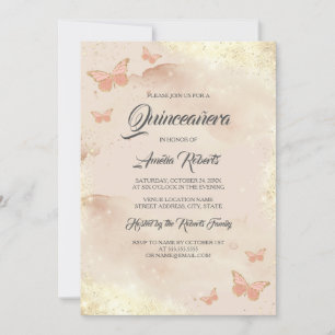 Convite Vestido Borboleta em Aquarela Rose Gold Quinceaner