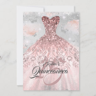 Convite Vestido Borboleta Prata Dourado Rosa Quinceanera