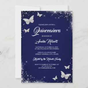 Convite Vestido Borboleta Prata Navy em Aquarela Quinceane