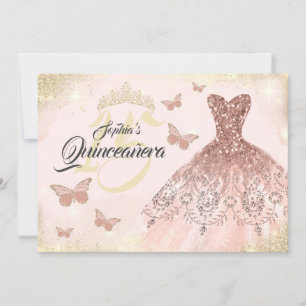 Convite Vestido Borboleta Quinceanera Dourado Rosa