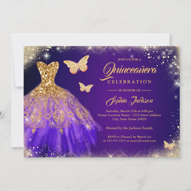 Convite Vestido Borboleta Quinceanera Roxo Dourado Brilhan (Frente)