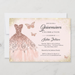 Convite Vestido Borboleta Rosa Dourado Brilho Quinceanera 