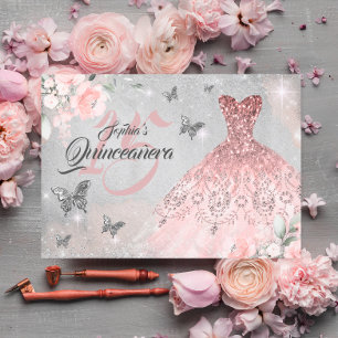 Convite Vestido Borboleta Rosa Dourado Brilho Quinceanera