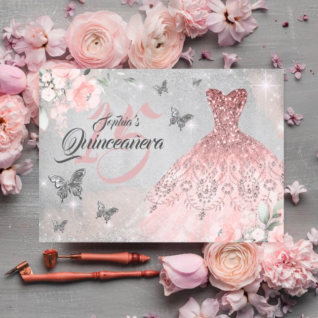 Convite Vestido Borboleta Rosa Dourado Brilho Quinceanera (Criador carregado)