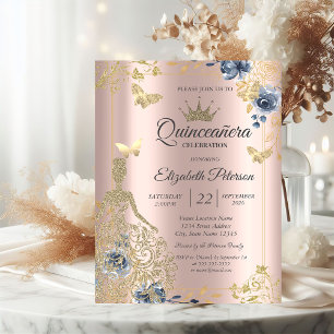 Convite Vestido, Borboletas Flores Rosa Dourado Quinceañer