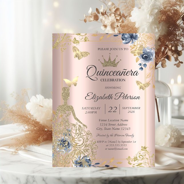 Convite Vestido, Borboletas Flores Rosa Dourado Quinceañer (Criador carregado)