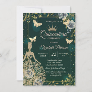 Convite Vestido, Borboletas Flores Verde Quinceañera