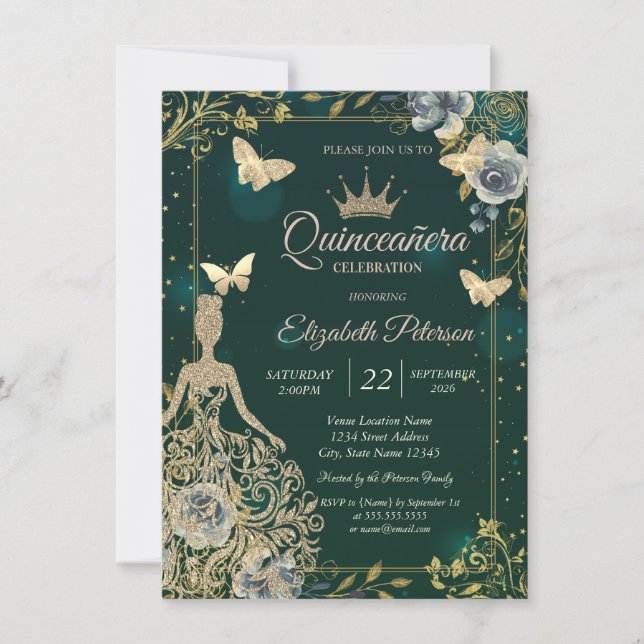 Convite Vestido, Borboletas Flores Verde Quinceañera (Frente)