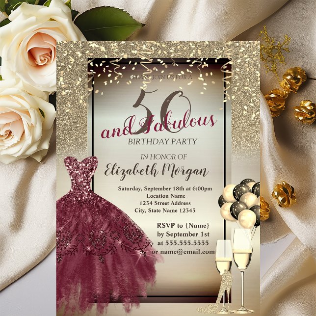 Convite Vestido Borgonha, Balões, 50ª Festa de aniversário (Criador carregado)