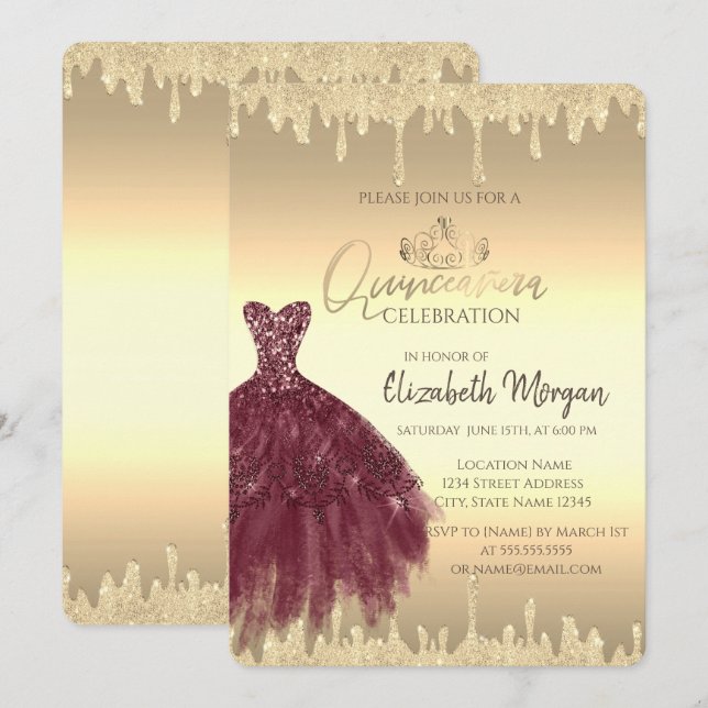 Convite Vestido Borgonha, Brilho Dourado Quinceañera  (Frente/Verso)