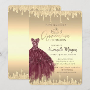 Convite Vestido Borgonha, Brilho Dourado Quinceañera