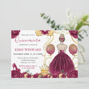 Convite Vestido Borgonha Cabelo Loiro Princesa Quinceanera