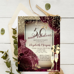Convite Vestido Borgonha,Rosas, Balões,Aniversário de 50 a