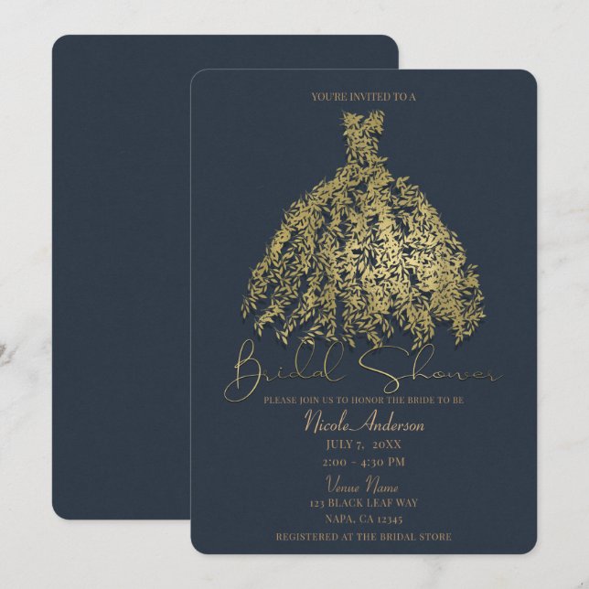 Convite Vestido Botânico Dourado e Azul Rústico para Chá d (Frente/Verso)